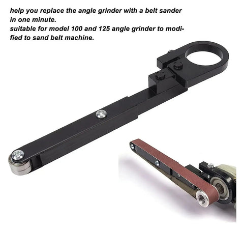 Knockout Mini Belt Sander Adapter with metal construction for angle grinder modification for faster sanding and deburring.