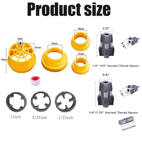 Diagram showing Electric Drill PVC Pipe Threader Kit With Internal And External Dies For One Half Inch, Three Quarter Inch And One Inch PVC Pipes.