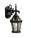 Townhouse 15.25 Inch One Light Outdoor Wall Lantern With Clear Beveled Glass In Black Finish, mounted on wall.