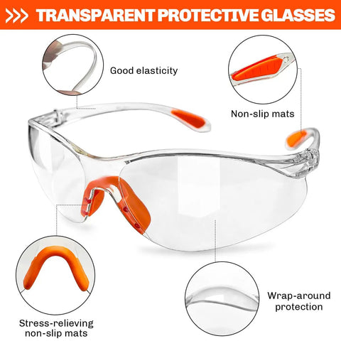 Orange Safety Glasses Set Of 12 For Men And Women with clear lenses and non-slip mats offer ultimate eye protection and comfort.