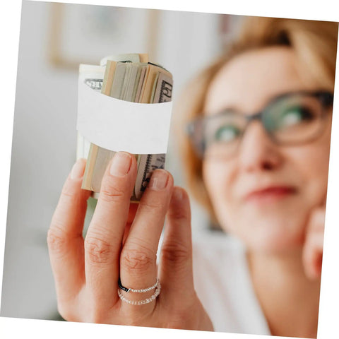 Heavy Duty Cash Strapping Tape Roll For Banknote Bundling And Shipping, woman holding bundles with white paper tape