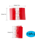 Clear Acrylic Tiny Hinges 10 Pack Self Adhesive 33 x 25 Millimeters with red backing and dimensions shown