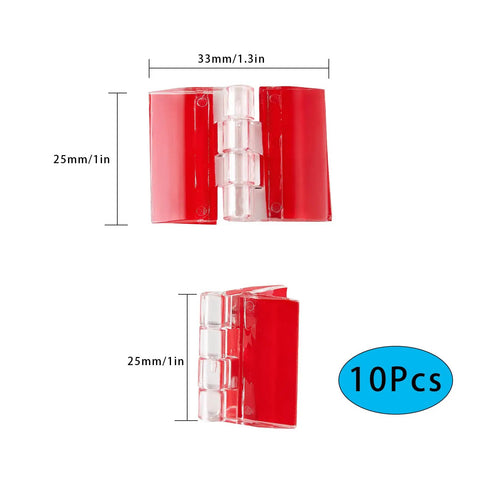 Clear Acrylic Tiny Hinges 10 Pack Self Adhesive 33 x 25 Millimeters with red backing and dimensions shown