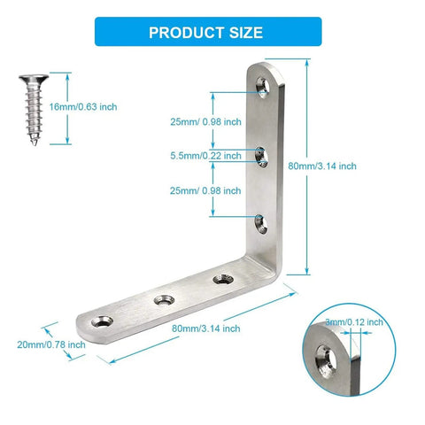 Heavy Duty Stainless Steel Corner Bracket 10 Pack For Wood And Metal Joints, 3 x 3 Inch Right Angle Braces product size diagram
