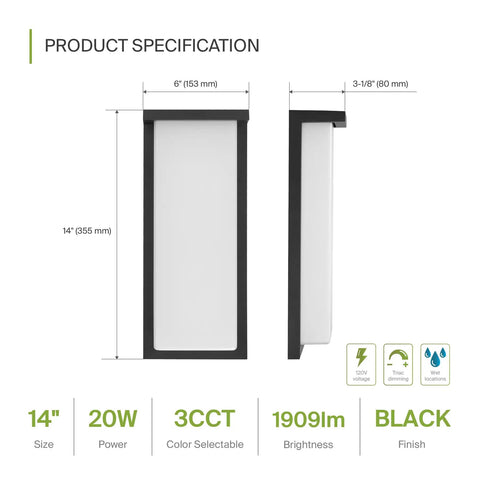 Dimensions and specifications of 14 Inch Outdoor Wall Light Front Door Sconce With 3CCT Dimmable Ultra Bright LED Waterproof ETL Listed.