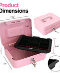 8 Inch Cash Box With Money Tray For Valuables Sturdy Heavy Duty Metal Safe Lock Box With Key Five Compartment Cash Tray And Coin Drawer Pink