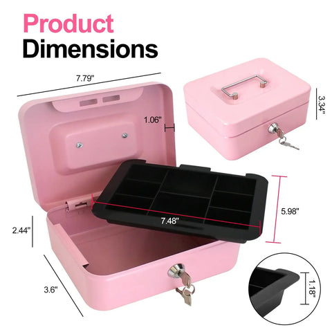 8 Inch Cash Box With Money Tray For Valuables Sturdy Heavy Duty Metal Safe Lock Box With Key Five Compartment Cash Tray And Coin Drawer Pink