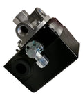 Pressure Switch For Campbell Hausfeld Air Compressors 95 Psi Cut In 125 Psi Cut Out 26 Amp 120 And 240 Volt Quarter Inch FNPT 4 Port With Adjustable Differential From 25 To 33 Psi And 200 Psi Gauge Replacement CW207576AV, close-up view showing metal connectors and black casing.