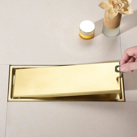 12 Inch Brushed Gold Shower Drain With Tile Insert Grille Detachable Hidden Cover SUS304 Stainless Steel Rectangular Floor Drain High Flow Hubless Easy Clean No Fuss
