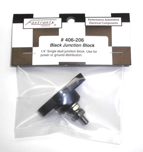Black Single Stud Ground Junction Block With Lock Washer And Nut Heavy Duty Nylon Construction Two Mounting Holes Integrated Nut At Bottom For Tightening Quarter Inch Stud Grounding Block For Automotive Electrical Systems. packaged black 1/4 in stud junction block