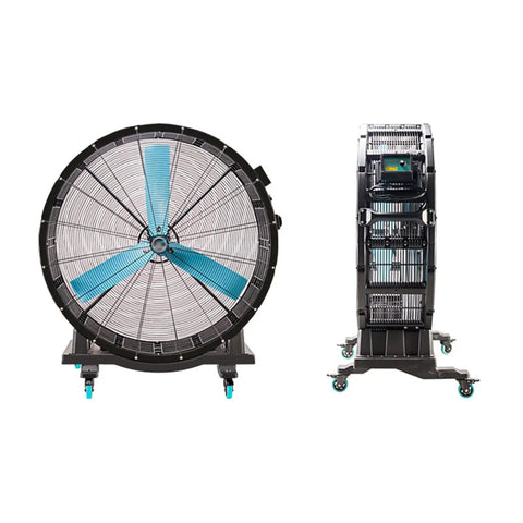 Large Heavy Duty Industrial Shop Fan Mobile Floor Cooler With Three Sturdy Aluminum Blades and Rugged Powder Coated Steel Build from the front and side.