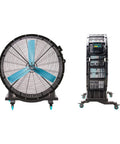 Heavy Duty Industrial Floor Fan Featuring Three Aluminum Blades And Smooth Rolling Wheels That Crush The Heat, front and side view.