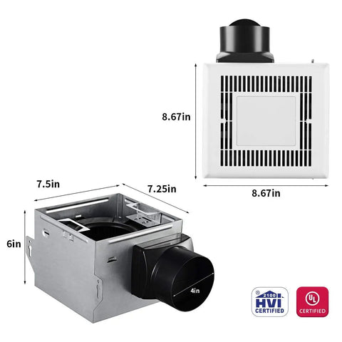 Dimensions and components of Quiet Bathroom Exhaust Fan With Light 50 CFM 1.0 Sone Easy Install No Attic Access Needed 4 Inch Duct LED Light 4000K 600LM