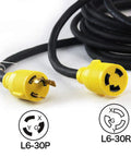 Beefy Locking Generator Power Cord NEMA L6-30P To L6-30R 3x10 Gauge SJOOW Rubber Cable 25 Ft UL Listed, close-up of yellow connectors