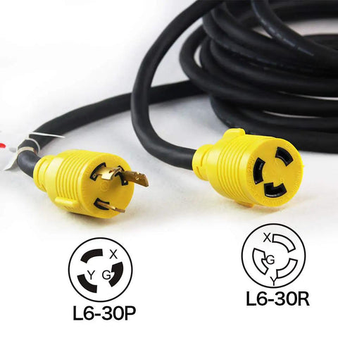 Beefy Locking Generator Power Cord NEMA L6-30P To L6-30R 3x10 Gauge SJOOW Rubber Cable 25 Ft UL Listed, close-up of yellow connectors
