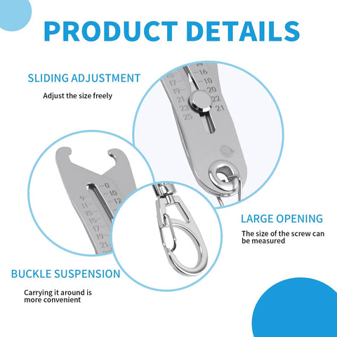 Front view of Aphohome bolt size finder keychain with sliding adjustable metric/SAE thread gauge and metal keyring