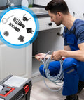 Slash Your Plumbers Bill By Crushing Stubborn Kitchen And Bath Drain Clogs With This Heavy Duty Electric Drain Cleaner Cutter Head Kit, tools and cable in kitchen.