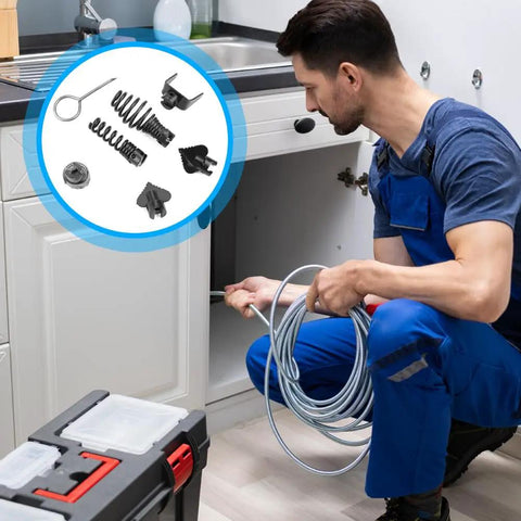 Slash Your Plumbers Bill By Crushing Stubborn Kitchen And Bath Drain Clogs With This Heavy Duty Electric Drain Cleaner Cutter Head Kit, tools and cable in kitchen.