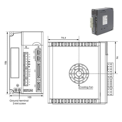 Rugged 1.5 Kw AC Servo Motor Package With Snappy Drive Controller And Ten Meter Wiring Harness For Heavy Duty Radiator Cooling Fan Jobs detailed diagram with dimensions.