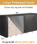 8 Foot Firewood Rack Cover With Front Zipper For Easy Top Access, Waterproof Outdoor Log Shelter, Heavy Duty 600D Oxford Material
