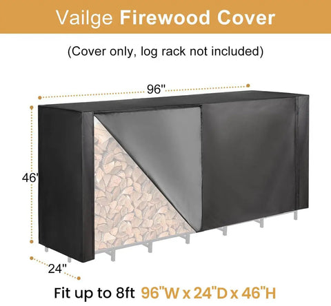 8 Foot Firewood Rack Cover With Front Zipper For Easy Top Access, Waterproof Outdoor Log Shelter, Heavy Duty 600D Oxford Material