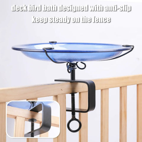 Heavy Duty Deck Mounted Glass Bird Bath With Secure Adjustable Clamp For Garden Railing Patio Fence or Window Ledge, detailed view.