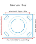 Floor size chart showing dimensions for center hole length 8.5cm, width 7.2cm, and bottom plate 11.5cm long.