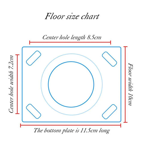 Floor size chart showing dimensions for center hole length 8.5cm, width 7.2cm, and bottom plate 11.5cm long.