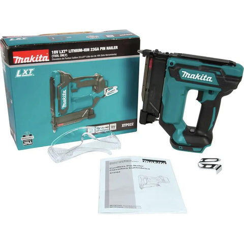 18V LXT Lithium Ion Cordless 23 Gauge Pin Nailer Tool Only Renewed with box, accessories, and safety goggles for accuracy.