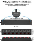 Beefy Heavy Duty Metal Power Strip With Individual On Off Switches, wall-mounted design with six outlets and extra-wide spacing.