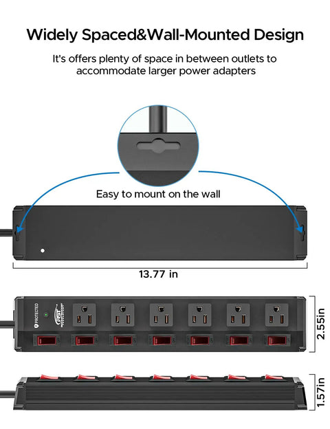 Beefy Heavy Duty Metal Power Strip With Individual On Off Switches, wall-mounted design with six outlets and extra-wide spacing.