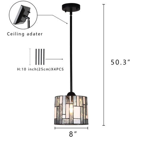 Blue Tiffany Pendant Light Dope 8 Inch Wide Adjustable Hanging Ceiling Lamp With 10 Inch Tubes For Kitchen Island And Dining Room Vintage Stained Glass Fixture For Indoor Decor, showcasing 8-inch shade and ceiling adapter details.