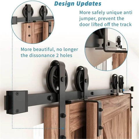 Heavy Duty Antique Style Sliding Barn Door Hardware Kit For Double Doors Top Mounted Black Finish Illustration