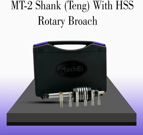 Pro Grade High Precision Live Revolving Center With MT-2 Shank Teng Style in case with HSS Rotary Broach on display