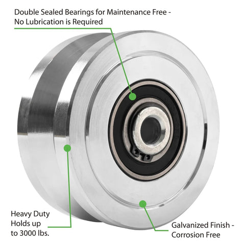 Close-up of heavy-duty 4 inch V-groove gate wheel with dual sealed bearings and galvanized finish for sliding inverted V track gates.