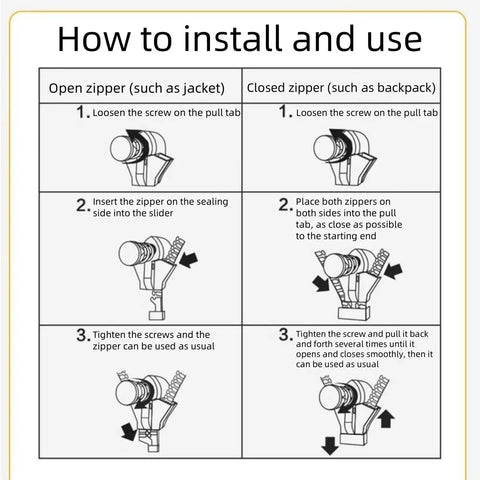 Installation guide for Ten Piece Tool Free Zipper Repair Kit For Backpacks Jackets And Clothes With Removable Universal Zipper Repairer