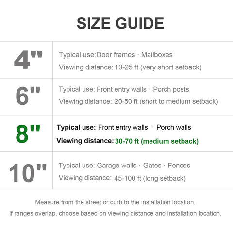 Size guide for 8 inch floating black house numbers for outside, modern address markers for outdoor walls, durable ABS plastic.
