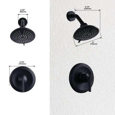 Black Shower Faucet Set With Brass Pressure Balance Valve And 6 Inch Rain Showerhead Wall Mount Trim Kit Single Handle