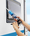 Applying RV Roof Sealant Self Leveling White Two Pack Lap Caulk For Roofing on camper window seam.