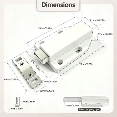 Push To Open Cabinet Latch Kit Magnetic Drawer Catch With Strong Hold Handle Free Cabinet Hardware 2 Pack For Seamless Soft Open And Modern No Knob Design dimensions
