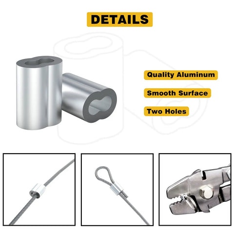 Close-up of aluminum crimping sleeves from 325 Piece Aluminum Wire Rope Ferrule Kit With Crimping Loop Sleeves In Eight Sizes From 0.0469 Inch Up To 0.25 Inch For DIY Projects Marine Outdoor Gear Rigging And Heavy Duty Cable Work, showing two holes and smooth surface.