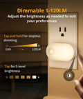 Ultra Bright 120LM Plug In Motion Sensor Night Light With Stepless Dimming Always On And Auto Off Modes No Fuss Warm White LED Nightlight shown plugged in
