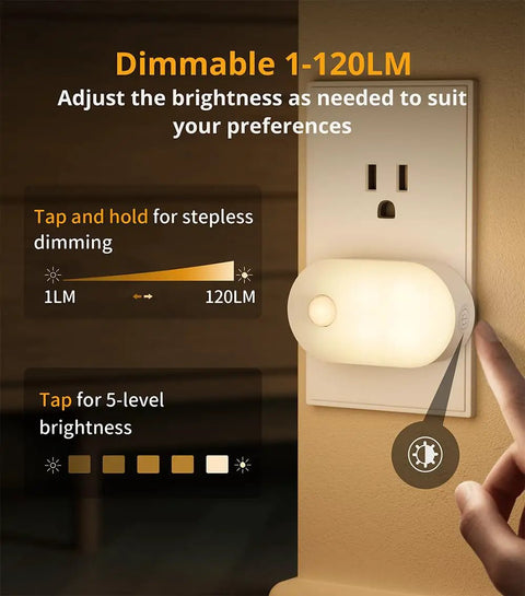 Ultra Bright 120LM Plug In Motion Sensor Night Light With Stepless Dimming Always On And Auto Off Modes No Fuss Warm White LED Nightlight shown plugged in