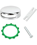 Chrome Plated Bathtub Overflow Drain Cover Kit With Easy Snap On Installation Fits Most Standard Tubs For A Straight Up Bathroom Fixture Upgrade With Crisp Metallic Shine And Total Zero Sweat Job components including round chrome cover, green gasket, and screw.