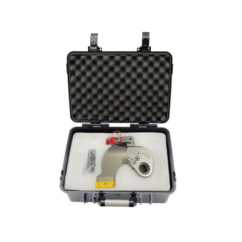 Heavy Duty Hydraulic Torque Wrench Two And A Half Inch Square Drive Adjustable Range Aluminum Alloy Body For Jumbo Bolts in a black carrying case.