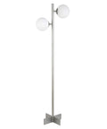 Two Light Floor Lamp With Glass Shade In Nickel And White Milk Finish Tall 70.5 Inch Standing Lamp With 14 Inch Square Base 8 Foot Cord Uses E26 Bulbs From LED To Incandescent For A Cozy Modern Glow