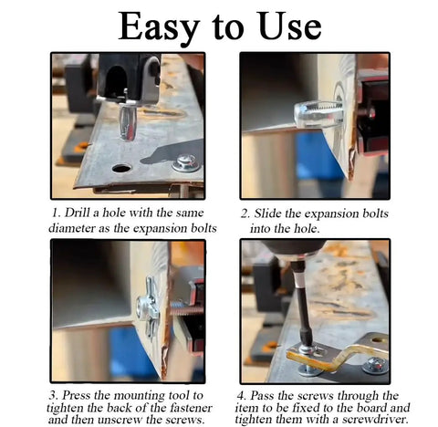 Badass Eighty Piece Petal Expansion Bolt Kit With Compact Toolbox Includes M4 Through M6 Jack Nuts For License Plates Hollow Wall Anchors And Sheet Metal Jobs Rust Proof And Built Rugged For Any Slick Diy Project installation guide images showing drilling holes, sliding bolts, pressing fasteners, and tightening screws.