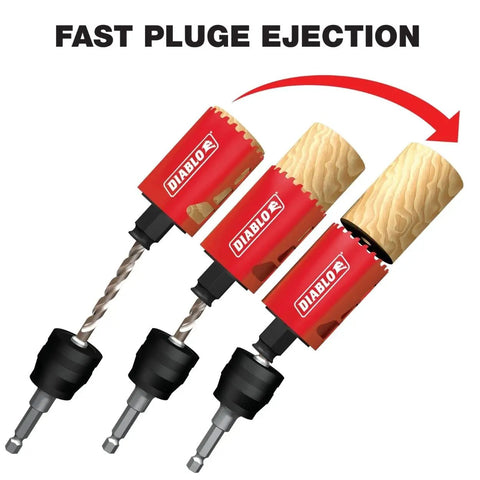 Carbide Teeth Hole Saw For Wood And Metal With 3 Inch Diameter And Two And Three Eighths Inch Length Cuts showing fast plug ejection
