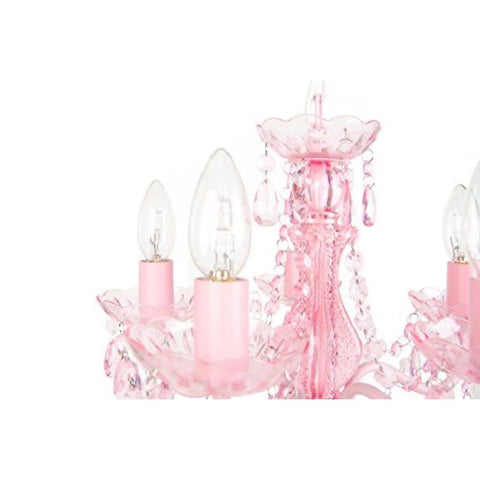 Close-up of the Five-Bulb Vintage Crystal Chandelier in Pink Sapphire, hardwired fixture with faux crystal beads and glass accents.