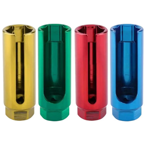 Heavy Duty Alloy Steel O2 Oxygen Sensor Socket Wrench With Anti Slip Grip For Fast O2 Removal built in yellow, green, red, and blue finishes.
